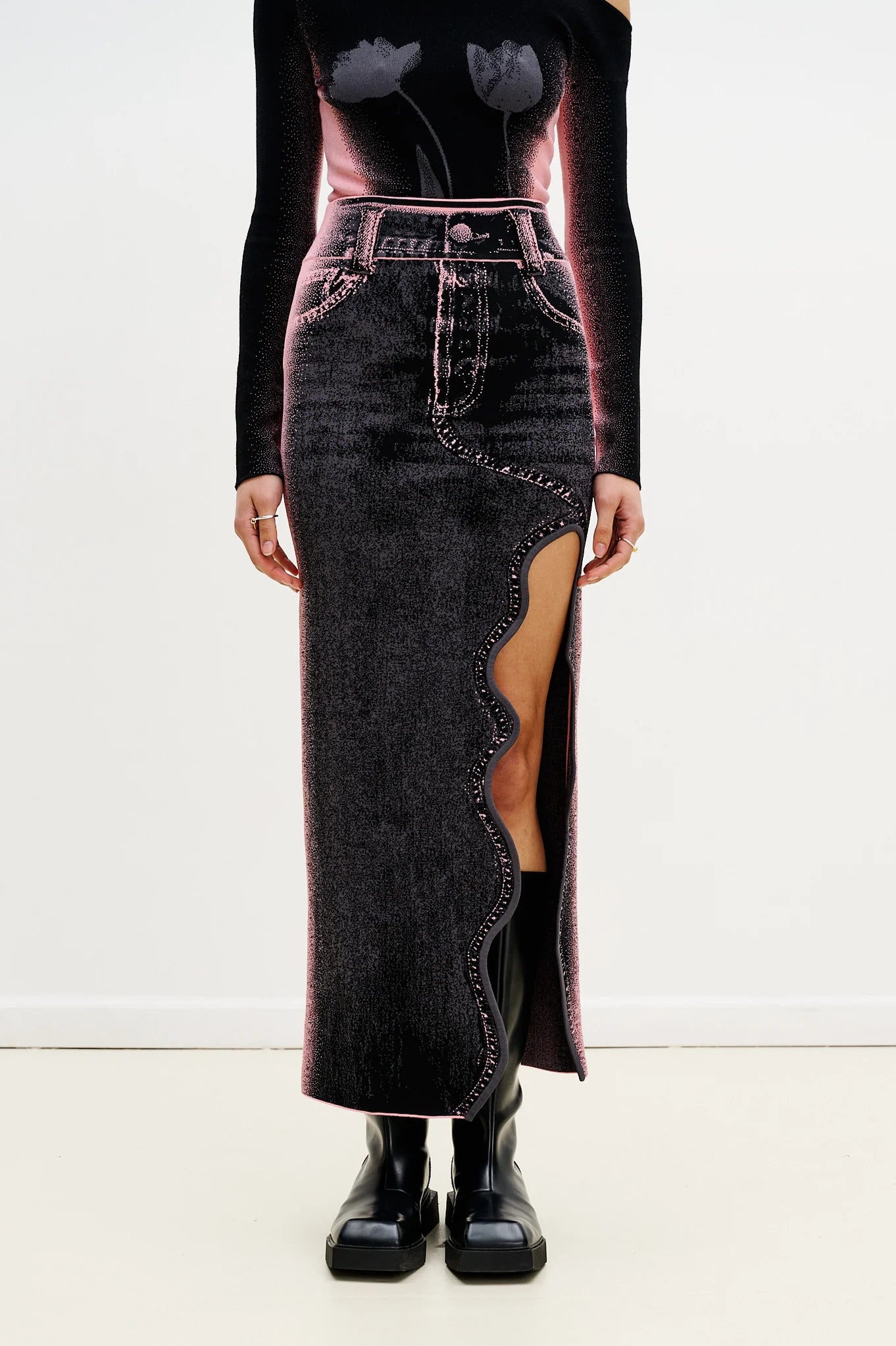 LILY WAVY MIDI DENIM SKIRT