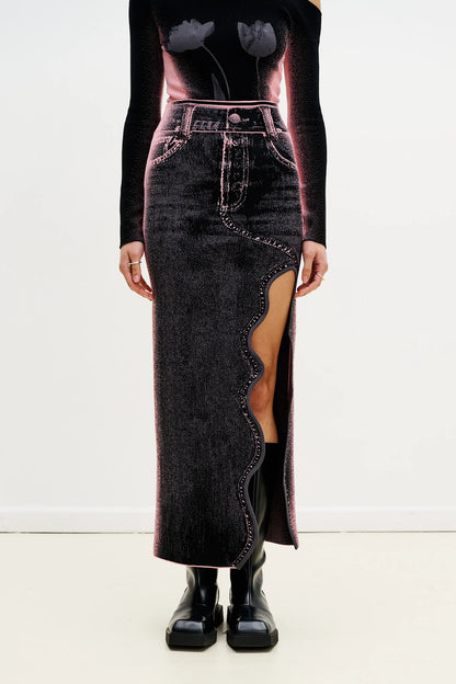 LILY WAVY MIDI DENIM SKIRT