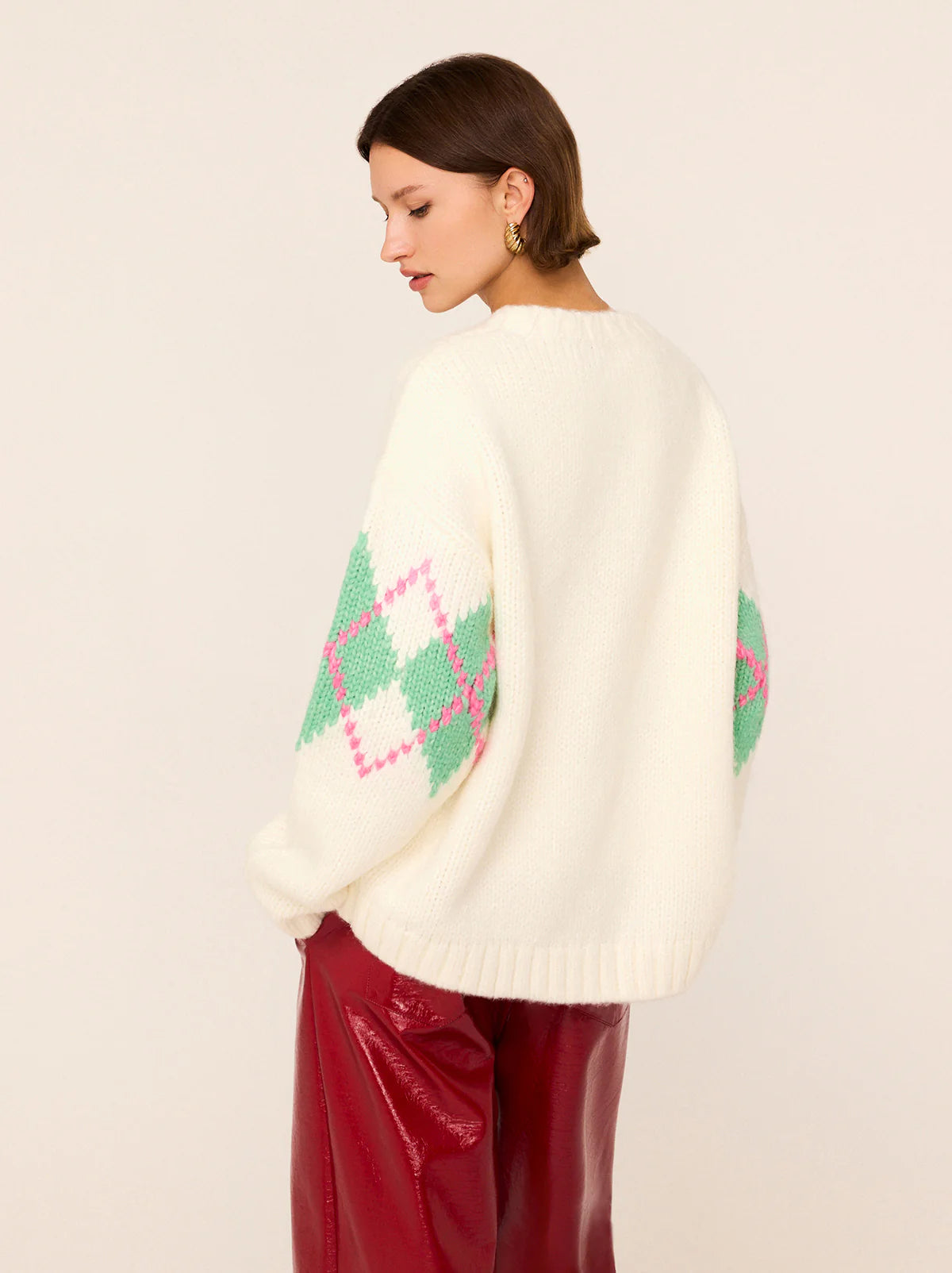 Felicia Ivory Argyle V-Neck Knit Cardigan