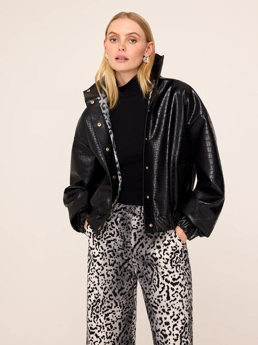 Estelle Black Faux Croc Oversized Bomber Jacket